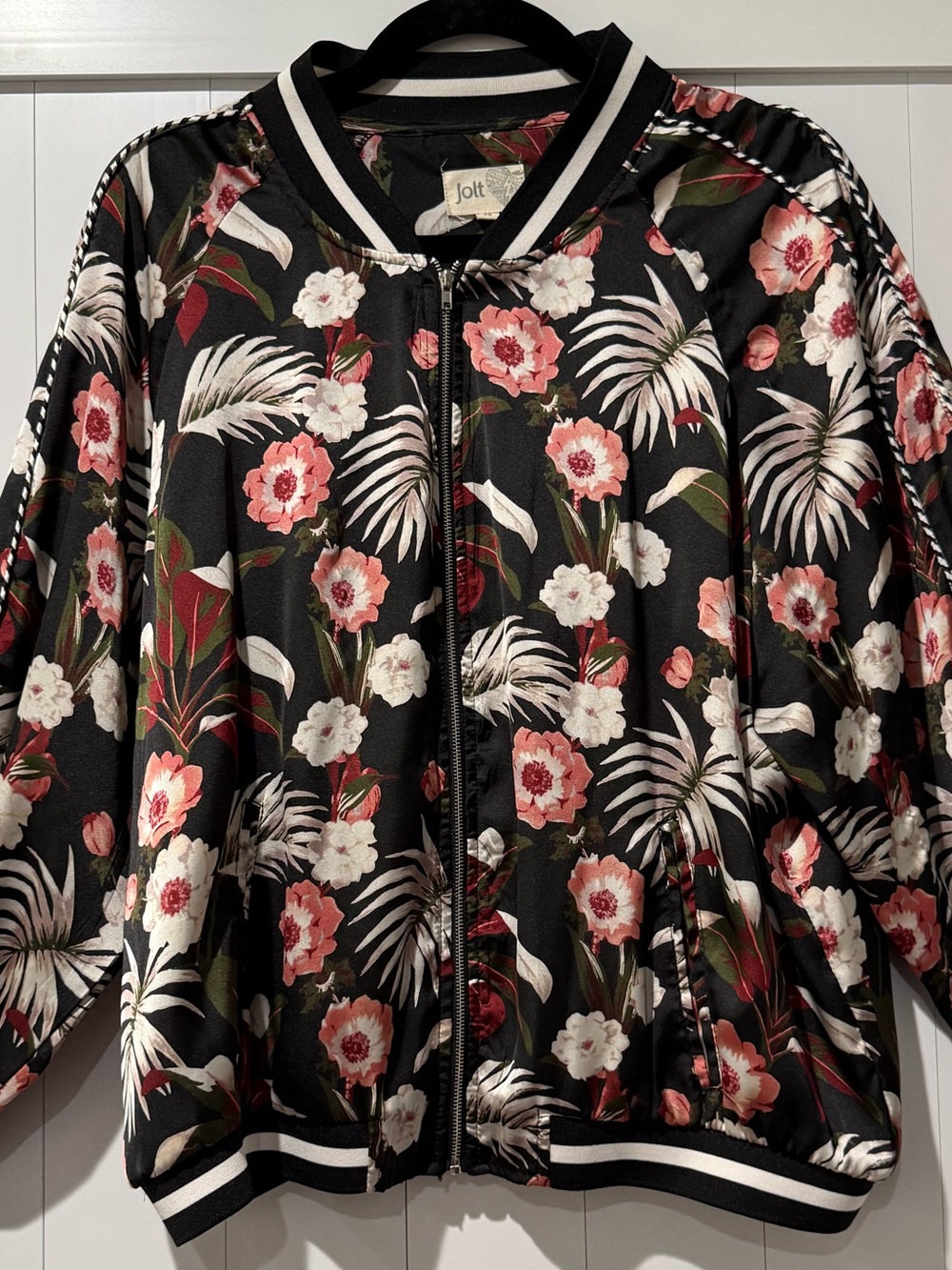 Joie Black Floral Satin Bomber Jacket with Pink Blooms